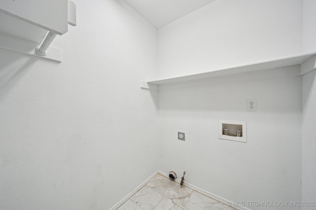 laundry area featuring washer hookup, hookup for a gas dryer, baseboards, electric dryer hookup, and light marble finish flooring