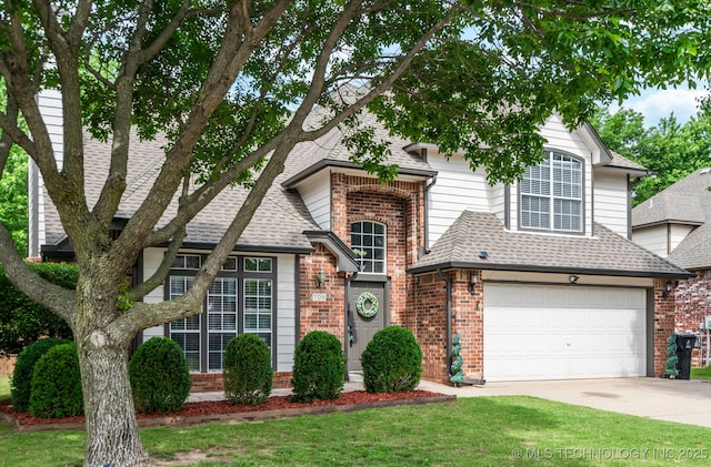 708 N Aster Ave, Broken Arrow, OK 74012 - traditional home featuring a shingled roof, concrete driveway, brick siding, a front lawn, and a garage