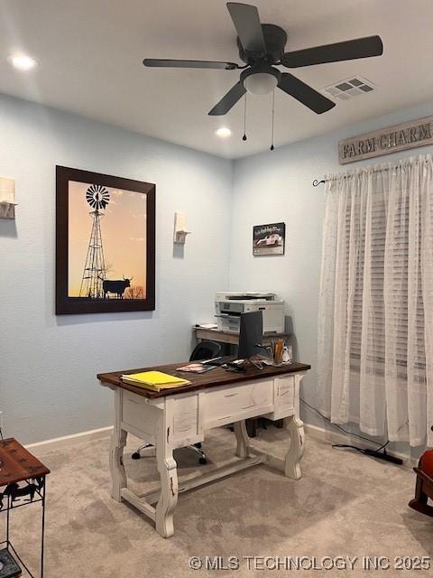 carpeted office featuring a ceiling fan, baseboards, and recessed lighting