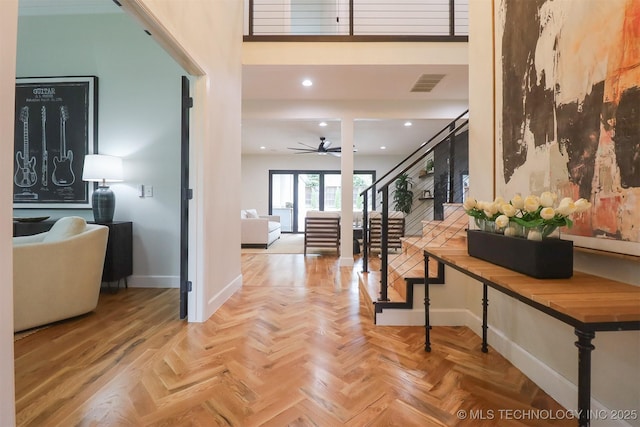2503 S Birmingham Ave, Tulsa, OK 74114 - foyer with baseboards, stairs, ceiling fan, and recessed lighting