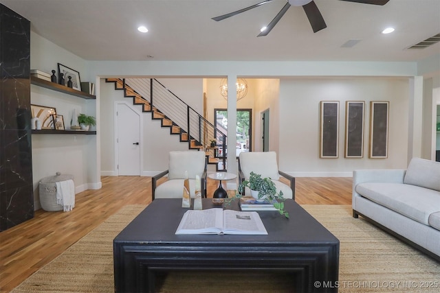 2503 S Birmingham Ave, Tulsa, OK 74114 - living area featuring a ceiling fan, wood finished floors, stairway, baseboards, and recessed lighting