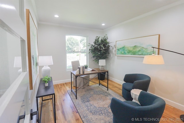 2503 S Birmingham Ave, Tulsa, OK 74114 - office area with crown molding, wood finished floors, baseboards, and recessed lighting