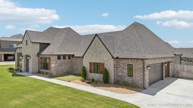 french country home featuring concrete driveway, an attached garage, stone siding, and roof with shingles