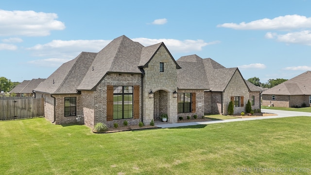 french provincial home featuring roof with shingles, stone siding, and brick siding