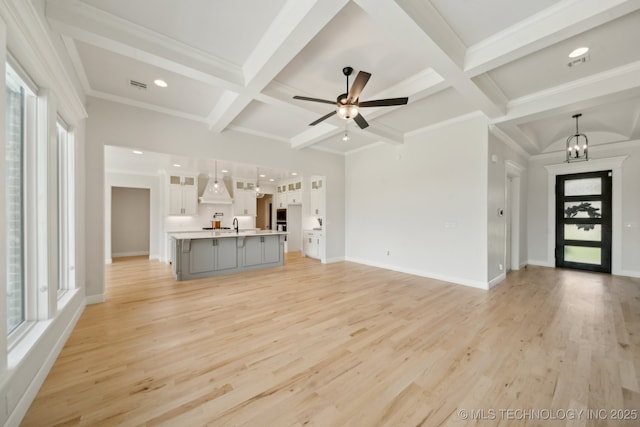 unfurnished living room with coffered ceiling, beam ceiling, light wood-type flooring, recessed lighting, and a ceiling fan