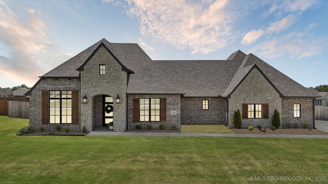 french country inspired facade featuring roof with shingles, stone siding, and brick siding