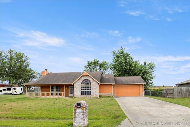 ranch-style house featuring a garage, concrete driveway, a chimney, a porch, and stone siding