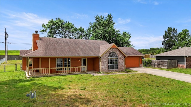 ranch-style house featuring a chimney, driveway, a porch, roof with shingles, and an attached garage