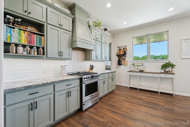 9429 Bryan Rd, Shawnee, OK 74855 - kitchen featuring stainless steel stove, tasteful backsplash, light stone counters, baseboards, and recessed lighting