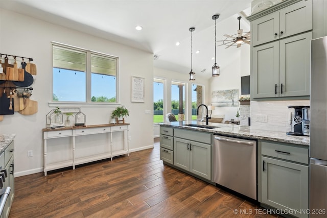 9429 Bryan Rd, Shawnee, OK 74855 - kitchen featuring dishwasher, a sink, gray cabinetry, a peninsula, and recessed lighting