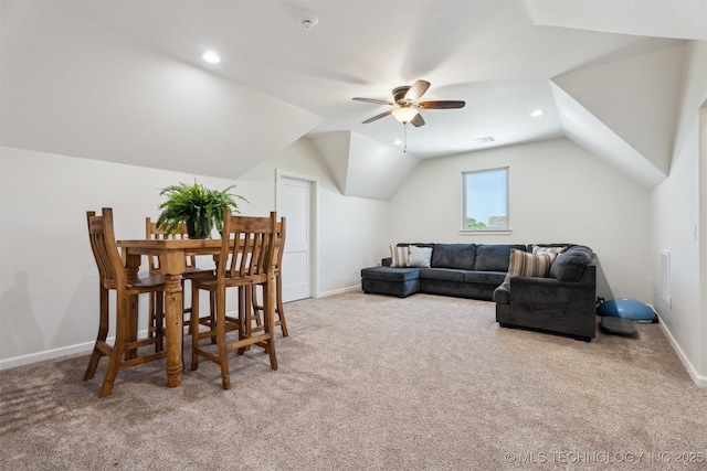9429 Bryan Rd, Shawnee, OK 74855 - living room with carpet flooring, a ceiling fan, vaulted ceiling, baseboards, and recessed lighting