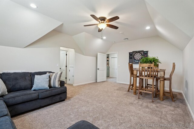 9429 Bryan Rd, Shawnee, OK 74855 - living area featuring vaulted ceiling, light colored carpet, ceiling fan, baseboards, and recessed lighting