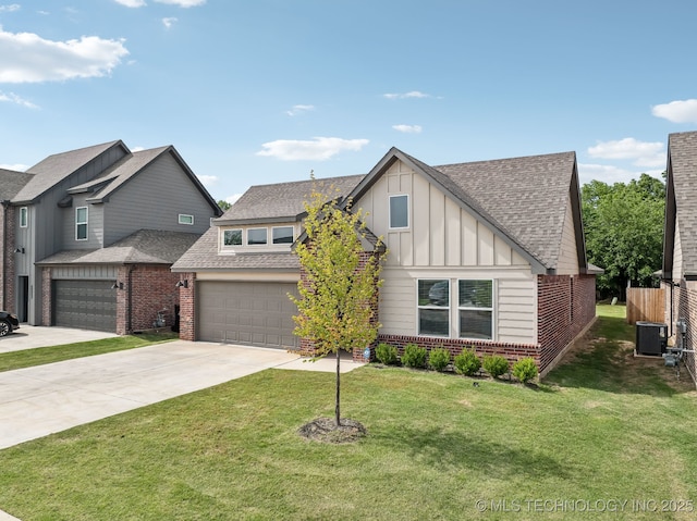view of front of property with board and batten siding, brick siding, and driveway