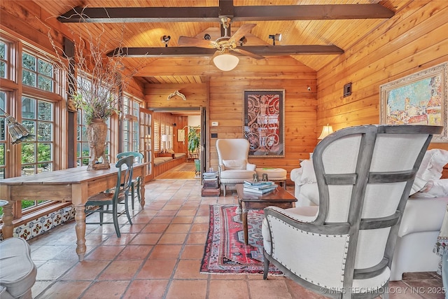 2815 S Woodward Blvd, Tulsa, OK 74114 - living area with wooden walls, wooden ceiling, and a ceiling fan