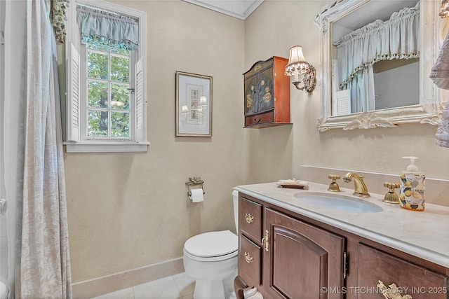 2815 S Woodward Blvd, Tulsa, OK 74114 - full bathroom featuring toilet, tile patterned flooring, vanity, baseboards, and a shower with curtain