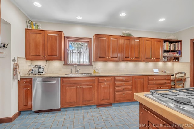 2815 S Woodward Blvd, Tulsa, OK 74114 - kitchen featuring stainless steel appliances, a sink, decorative backsplash, brown cabinetry, and ornamental molding