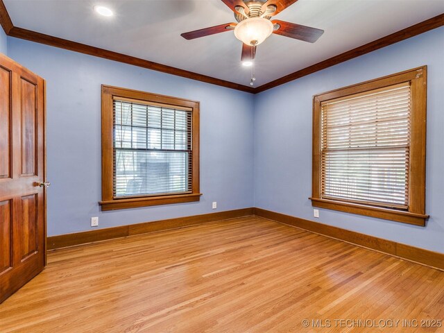 1618 S Rockford Ave, Tulsa, OK 74120 - unfurnished room with crown molding, light wood-type flooring, a ceiling fan, and baseboards