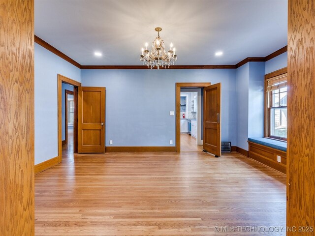 1618 S Rockford Ave, Tulsa, OK 74120 - empty room featuring ornamental molding, light wood-type flooring, a chandelier, baseboards, and recessed lighting