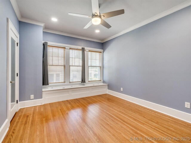 1618 S Rockford Ave, Tulsa, OK 74120 - empty room with crown molding, a ceiling fan, light wood-style flooring, and baseboards