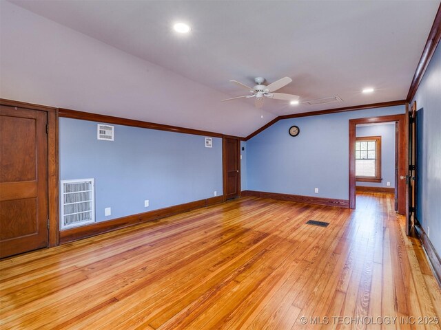 1618 S Rockford Ave, Tulsa, OK 74120 - unfurnished room with lofted ceiling, a ceiling fan, light wood-type flooring, baseboards, and crown molding