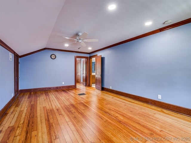 1618 S Rockford Ave, Tulsa, OK 74120 - empty room featuring light wood-style floors, ceiling fan, crown molding, baseboards, and lofted ceiling