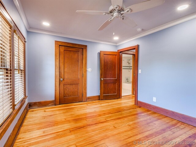 1618 S Rockford Ave, Tulsa, OK 74120 - unfurnished bedroom with baseboards, crown molding, light wood finished floors, recessed lighting, and ceiling fan