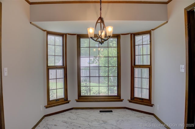 8242 S Sandusky Ave, Tulsa, OK 74137 - unfurnished dining area featuring light marble finish floors, a chandelier, and baseboards