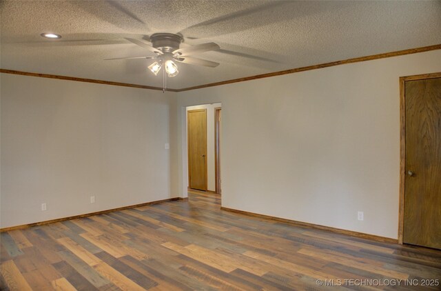 8242 S Sandusky Ave, Tulsa, OK 74137 - unfurnished room with a ceiling fan, wood finished floors, crown molding, a textured ceiling, and baseboards