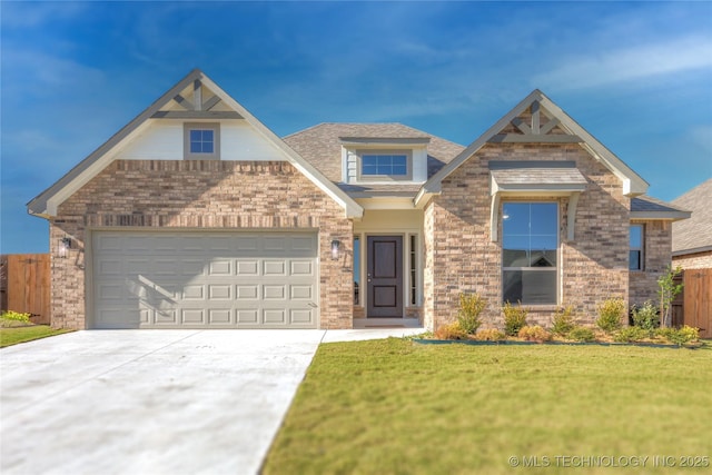 view of front of home with brick siding, an attached garage, concrete driveway, and roof with shingles