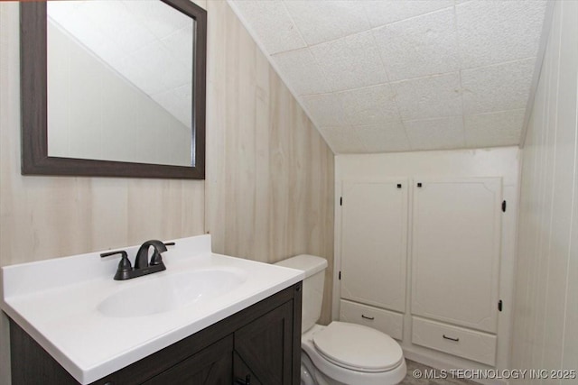 bathroom featuring vanity, toilet, and a drop ceiling