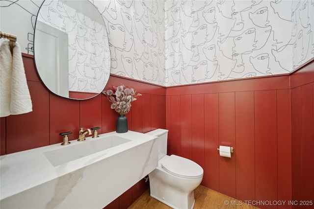 2607 E 135th Dr S, Bixby, OK 74008 - half bathroom featuring wood finished floors, a decorative wall, a wainscoted wall, and vanity