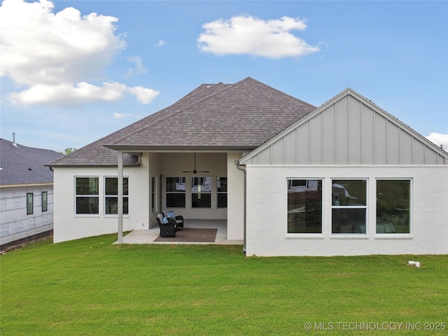 2607 E 135th Dr S, Bixby, OK 74008 - rear view of property with ceiling fan, roof with shingles, a patio, and a yard