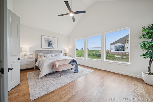 2607 E 135th Dr S, Bixby, OK 74008 - bedroom featuring high vaulted ceiling, wood finished floors, and a ceiling fan