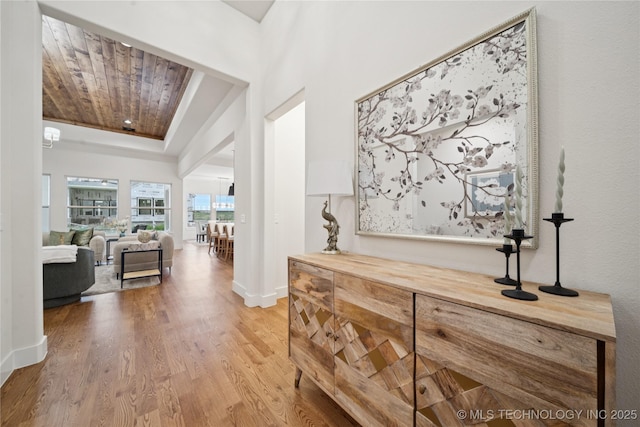 2607 E 135th Dr S, Bixby, OK 74008 - hallway featuring wood finished floors and wooden ceiling