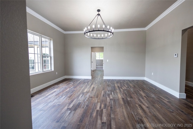 100 E Broadway, Sulphur, OK 73086 - empty room with dark wood-style flooring, crown molding, a chandelier, and baseboards