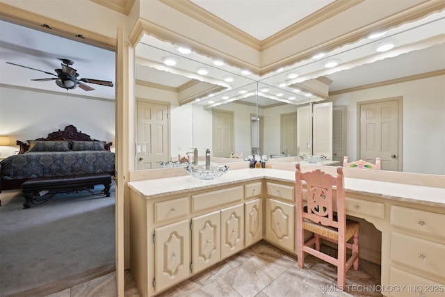 2956 E 69th St, Tulsa, OK 74136 - bathroom with crown molding, vanity, ensuite bathroom, and ceiling fan