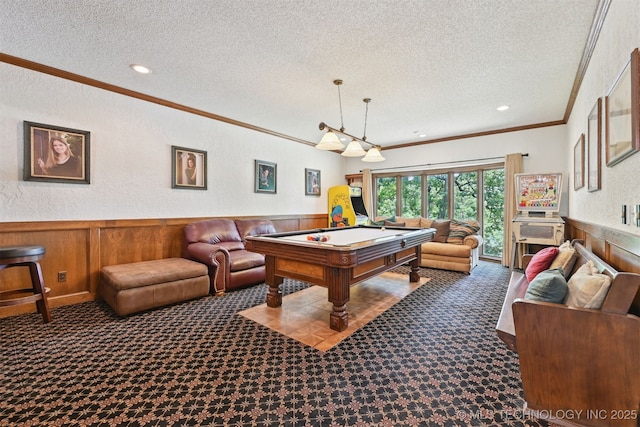 2956 E 69th St, Tulsa, OK 74136 - recreation room featuring a textured ceiling, ornamental molding, wainscoting, billiards table, and carpet flooring
