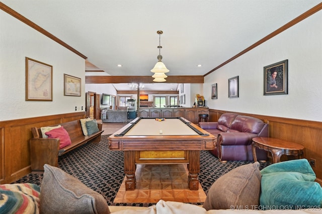 2956 E 69th St, Tulsa, OK 74136 - game room with wainscoting, billiards table, crown molding, and wood walls