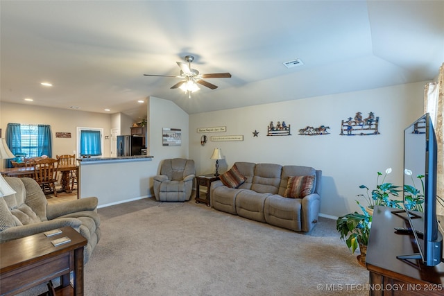23218 Bessie Blvd, Claremore, OK 74019 - living room featuring carpet floors, ceiling fan, baseboards, and lofted ceiling