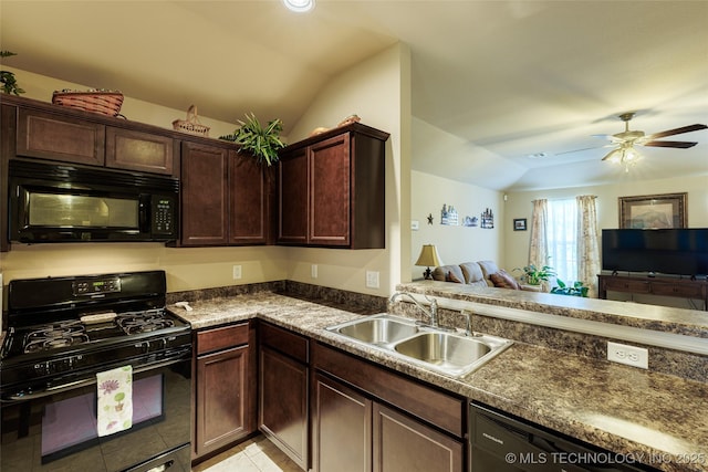 23218 Bessie Blvd, Claremore, OK 74019 - kitchen with black appliances, a sink, vaulted ceiling, open floor plan, and ceiling fan
