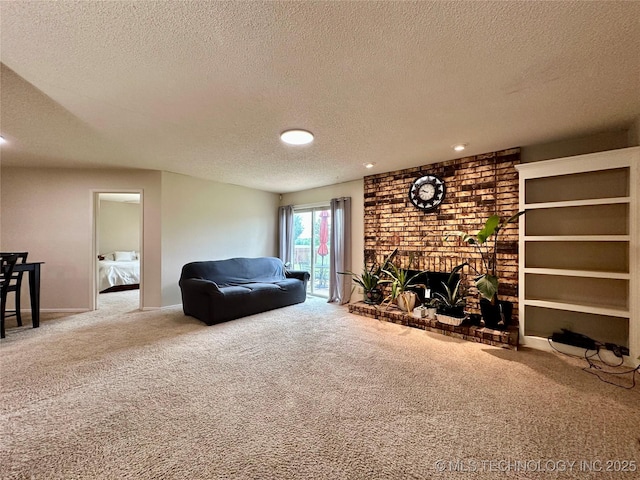 carpeted living area with a textured ceiling, a brick fireplace, recessed lighting, and baseboards