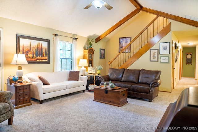 15919 E 79th St N, Owasso, OK 74055 - living room with carpet, ceiling fan, stairway, high vaulted ceiling, and beam ceiling