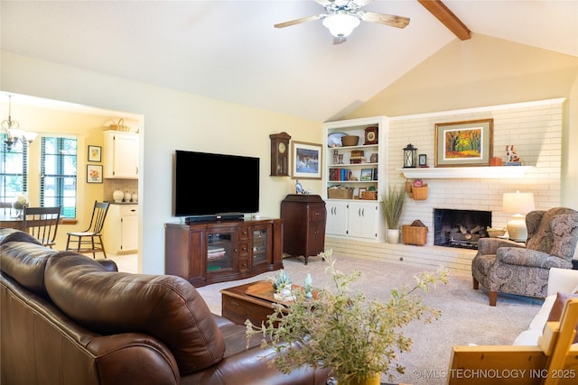 15919 E 79th St N, Owasso, OK 74055 - living room with a ceiling fan, light carpet, a brick fireplace, and a chandelier