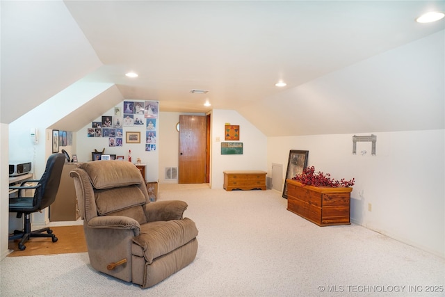 15919 E 79th St N, Owasso, OK 74055 - living area with vaulted ceiling, carpet flooring, recessed lighting, and an office area