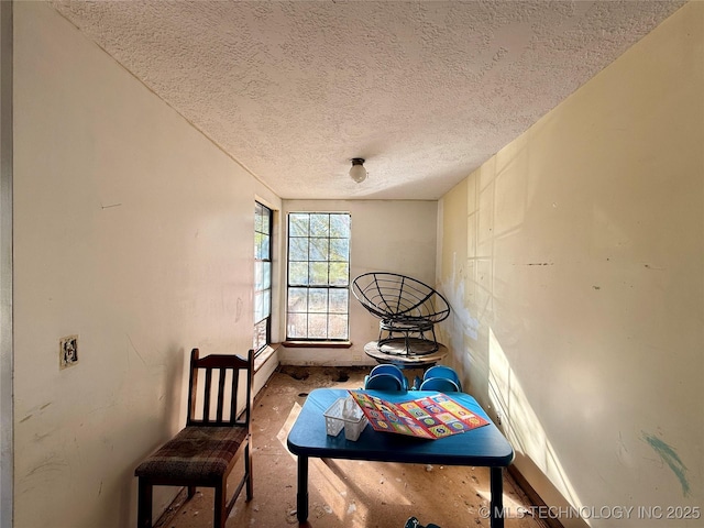 sitting room with a textured ceiling and baseboards