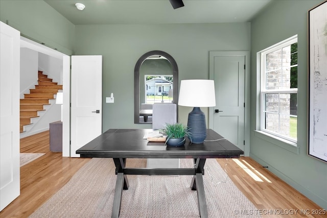 home office featuring light wood finished floors, plenty of natural light, and baseboards