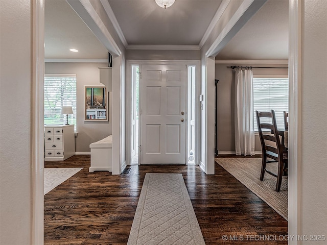 5517 E 101st Pl, Tulsa, OK 74137 - foyer entrance with baseboards, crown molding, dark wood-style flooring, and recessed lighting