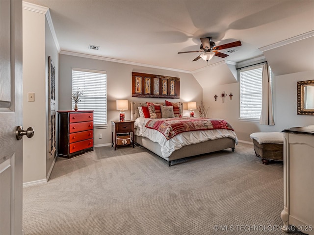 5517 E 101st Pl, Tulsa, OK 74137 - bedroom featuring light colored carpet, ornamental molding, baseboards, a ceiling fan, and multiple windows