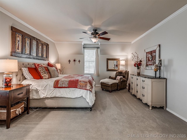 5517 E 101st Pl, Tulsa, OK 74137 - bedroom with ornamental molding, light colored carpet, baseboards, and a ceiling fan