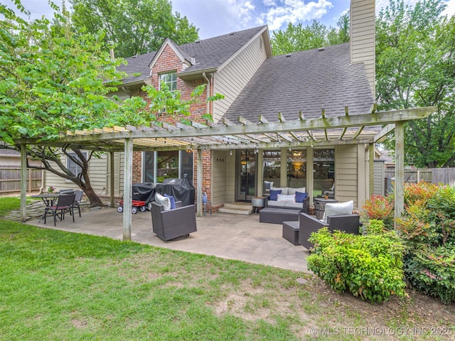 5517 E 101st Pl, Tulsa, OK 74137 - rear view of house featuring an outdoor hangout area, a pergola, a chimney, a patio area, and roof with shingles